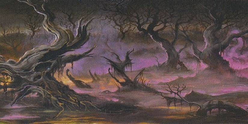 The husks of dead trees stand barren over murky water. A hazy purple fog weaves between them