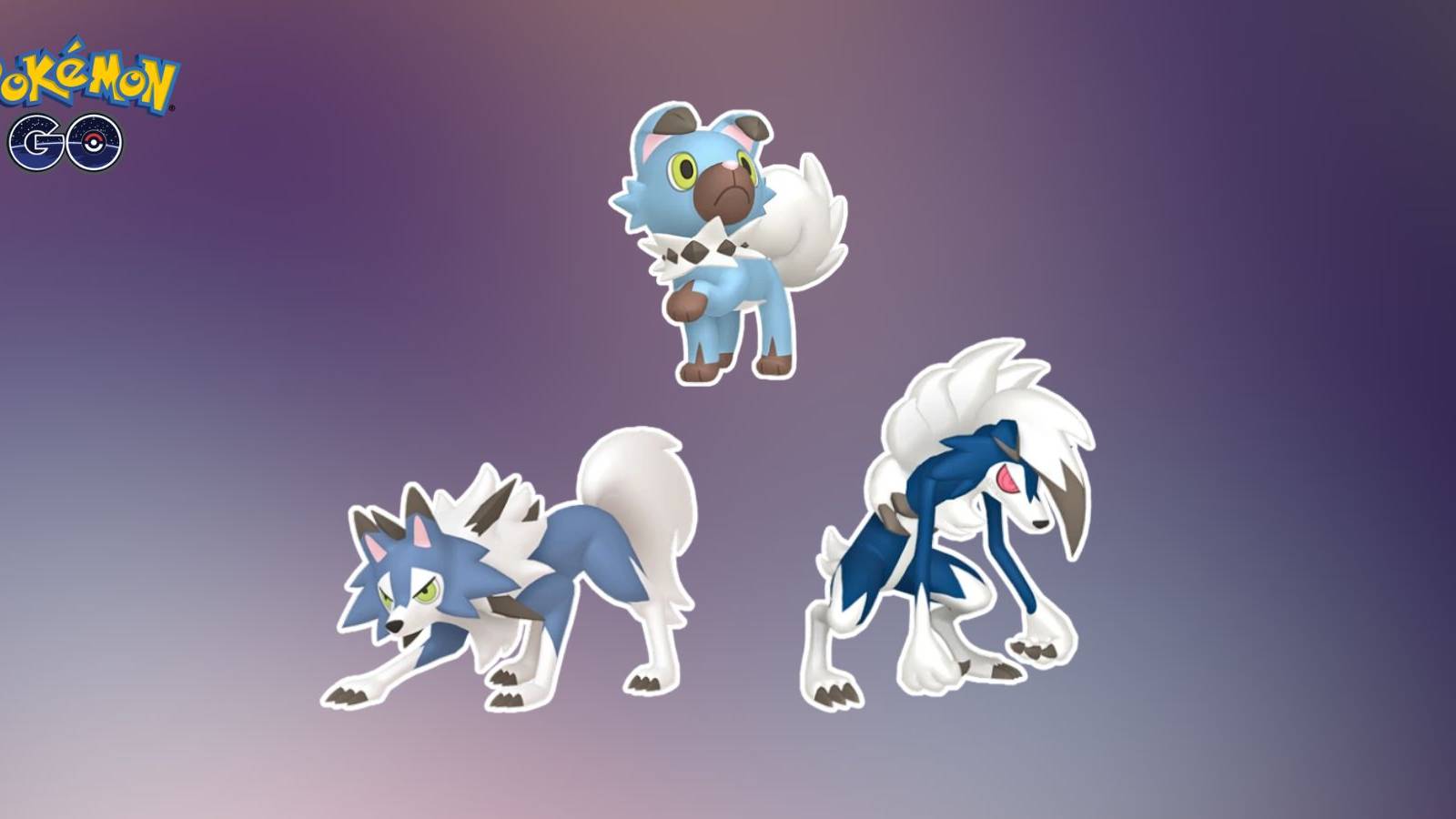 Shiny Rockruff, Shiny Midday Lycanroc, and Shiny Midnight Lycanroc in Pokemon GO