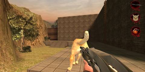 A Shotgun with a Cat attached to the barrel like a Silencer