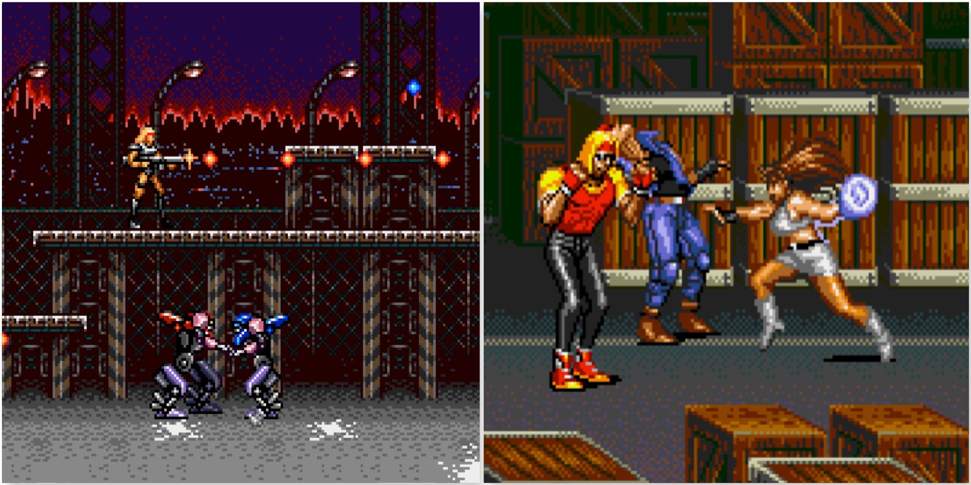 Shooting enemies in Contra Hard Corps and Fighting enemies in Streets Of Rage 3