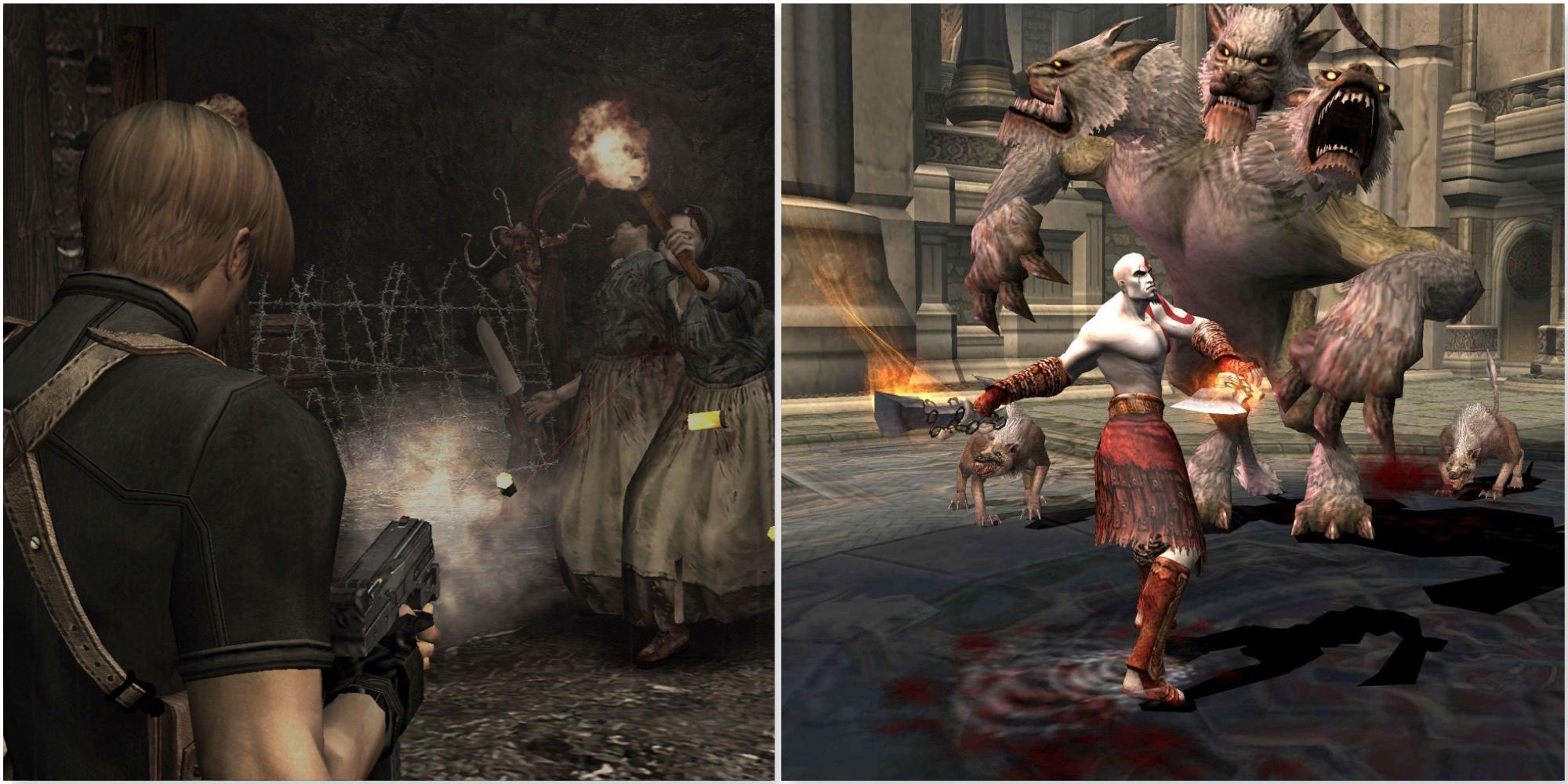 Shooting enemies in Resident Evil 4 (2005) and Fighting enemies in God of War 2 (2007)