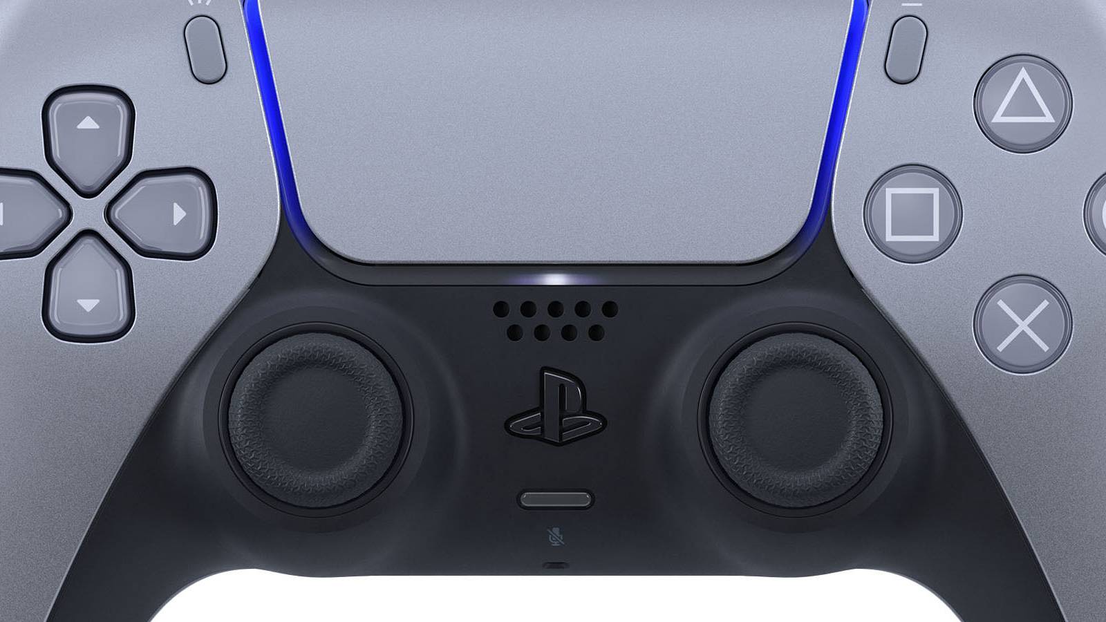 A promotional image of a silver PlayStation 5 DualSense controller.