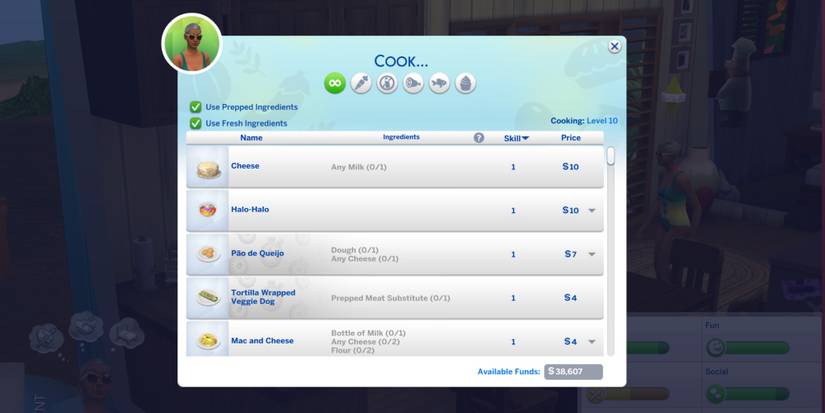 cooking recipe ui menu in the sims 4