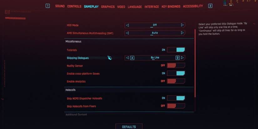 Skipping Dialogues Option under Gameplay Settings