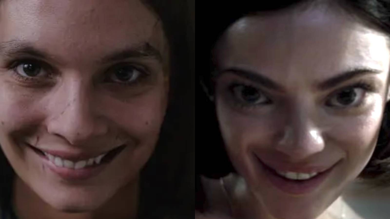 Caitlin Stasey and Lucy Hale grinning in a creepy way in Smile and Truth Or Dare