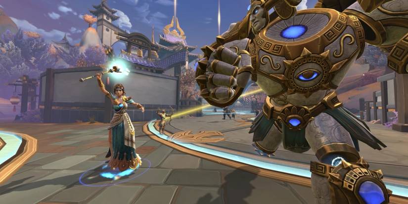 SMITE goddess attacking while enemy runs toward screen