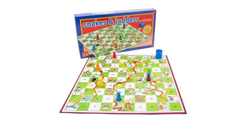 Snakes and Ladders board contents and box
