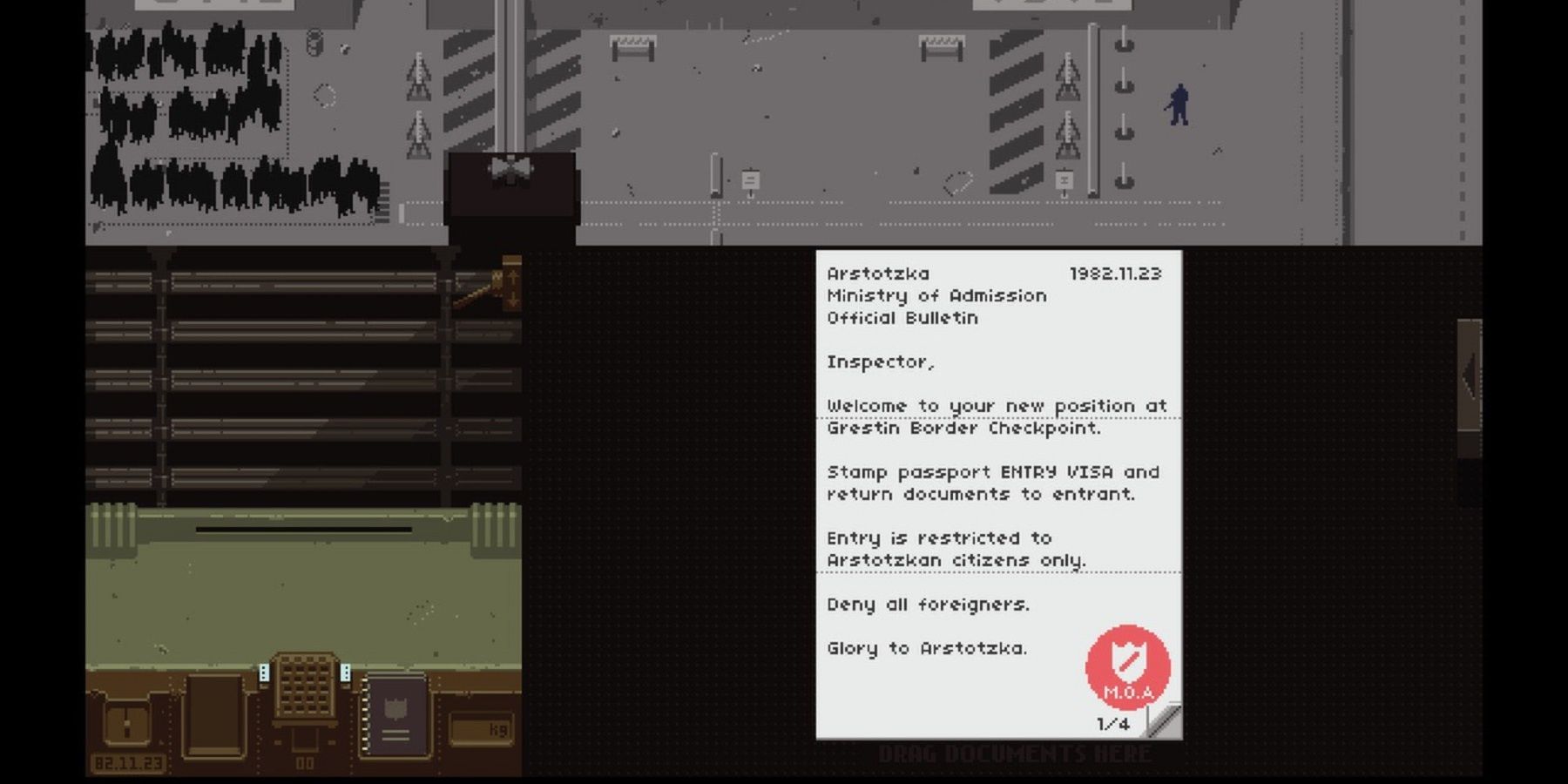 snippet of the player getting accepted as an immagration officer in Papers, Please