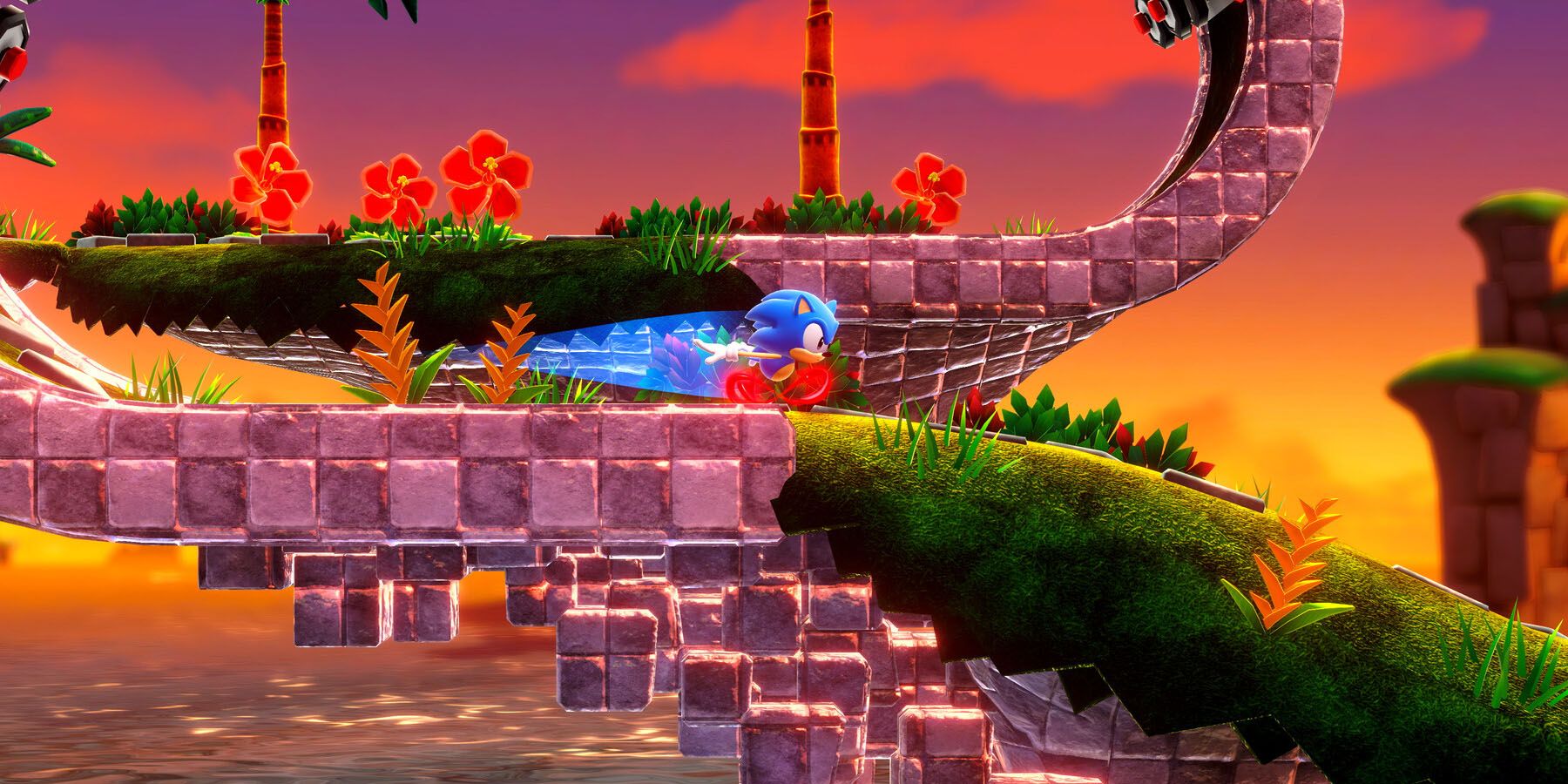 A screenshot of Sonic running through a grassy level at sunset in Sonic Superstars.