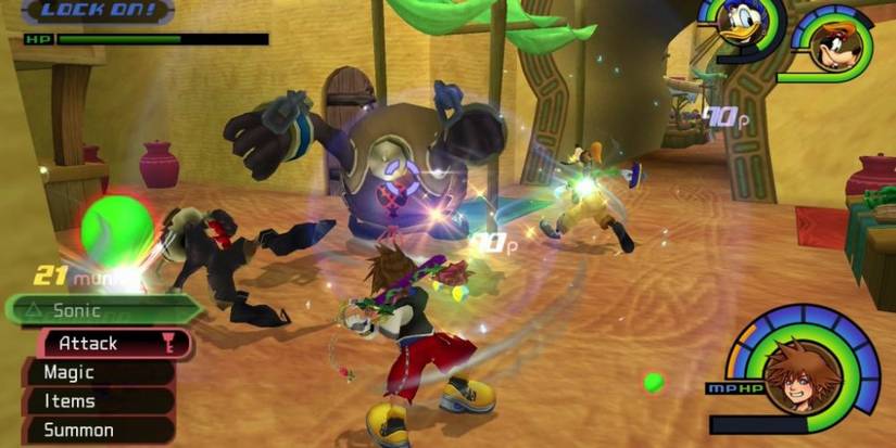 Sora, Donald and Goofy fighting Heartless in Agrabah.