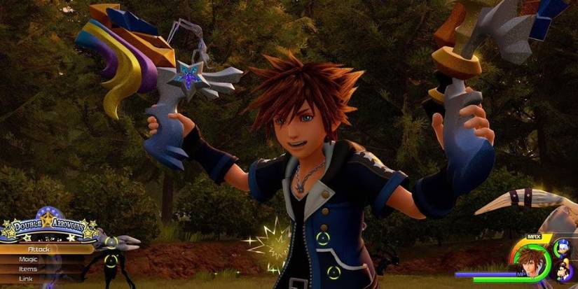 Sora using the Double Arrowguns Keyblade transformation in Kingdom Hearts 3.