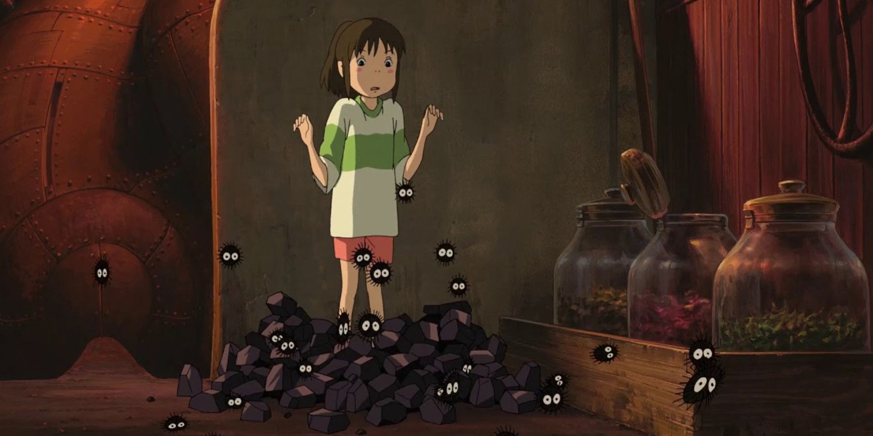 Chihiro surrounded by Soot Sprites in Spirited Away