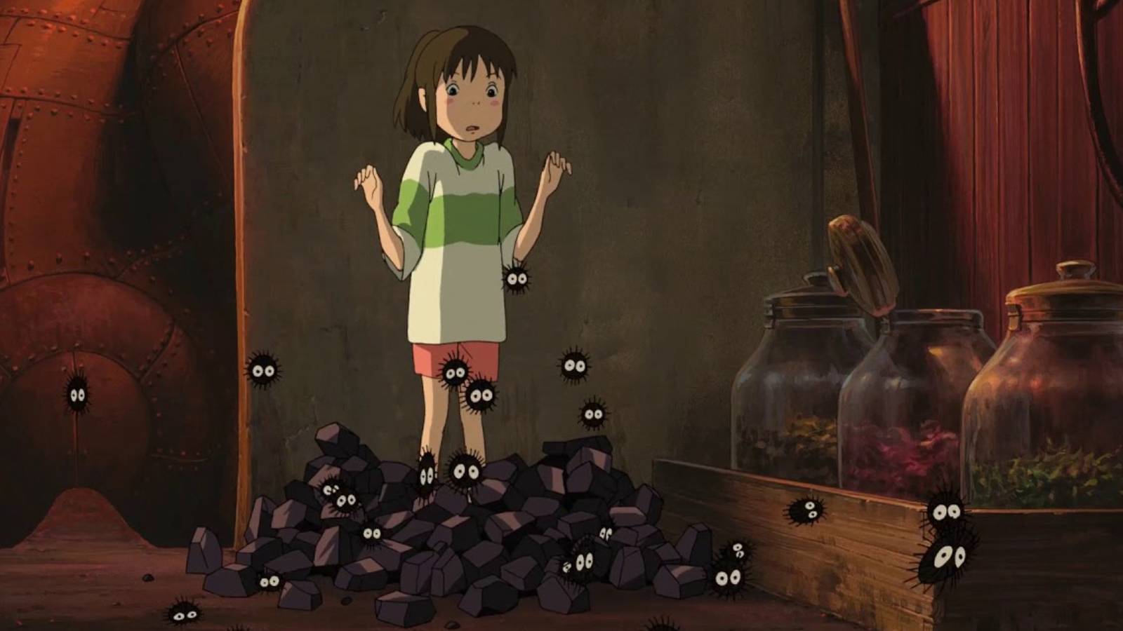 Chihiro surrounded by Soot Sprites in Spirited Away