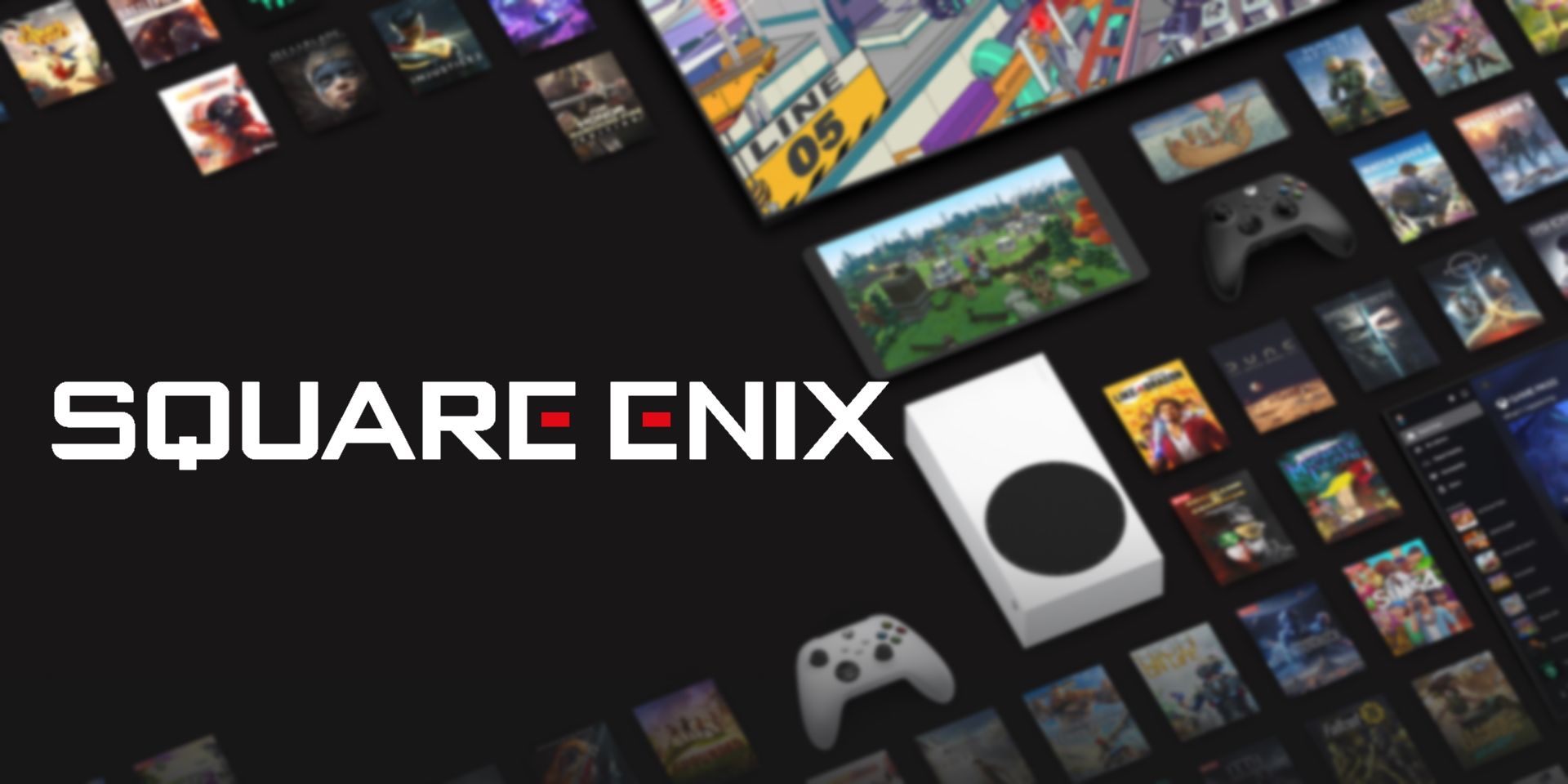An image depicting the Square-Enix Logo on top of an Xbox Game Pass image, featuring an Xbox Series S and multiple games
