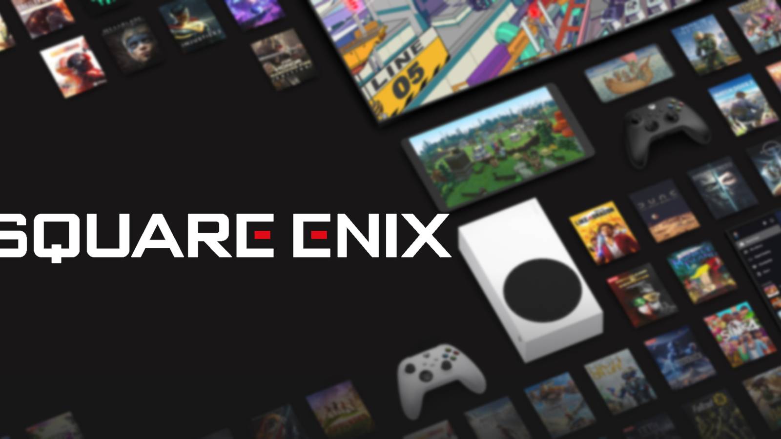 An image depicting the Square-Enix Logo on top of an Xbox Game Pass image, featuring an Xbox Series S and multiple games