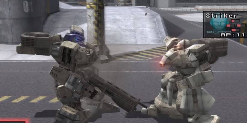 two mechs facing off in front mission 5