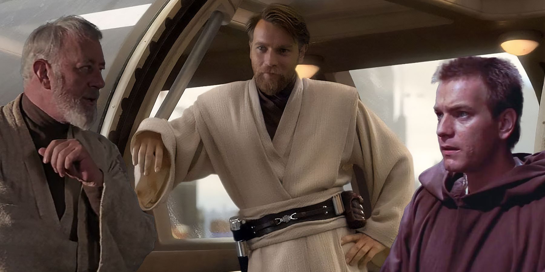 Alec Guinness and Ewan McGregor as Obi-Wan Kenobi in Star Wars A New Hope, Revenge of the Sith, and The Phantom Menace