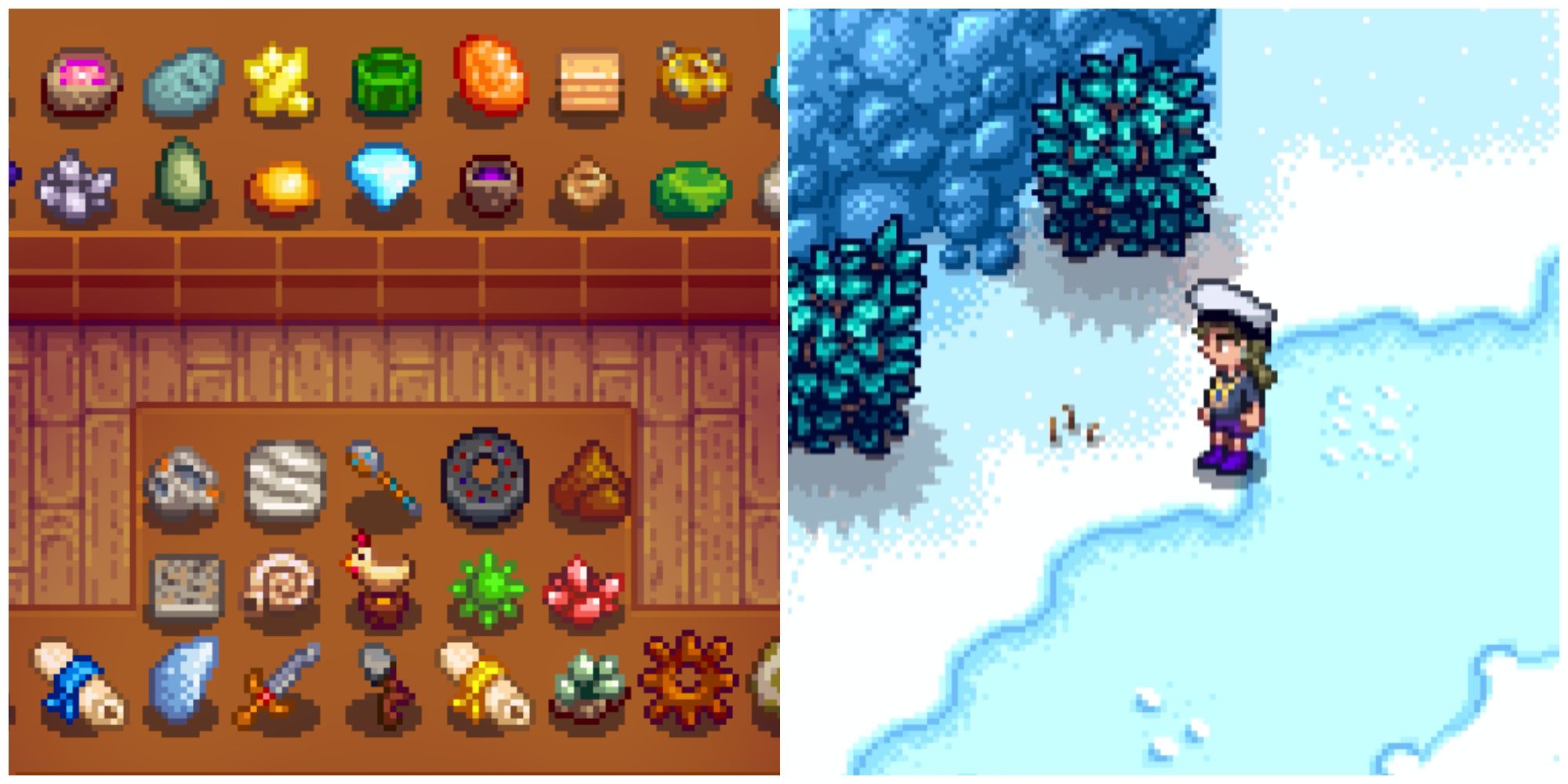 Split image of the museum collection including artifacts and gems and a character in front of an artifact spot in Stardew Valley