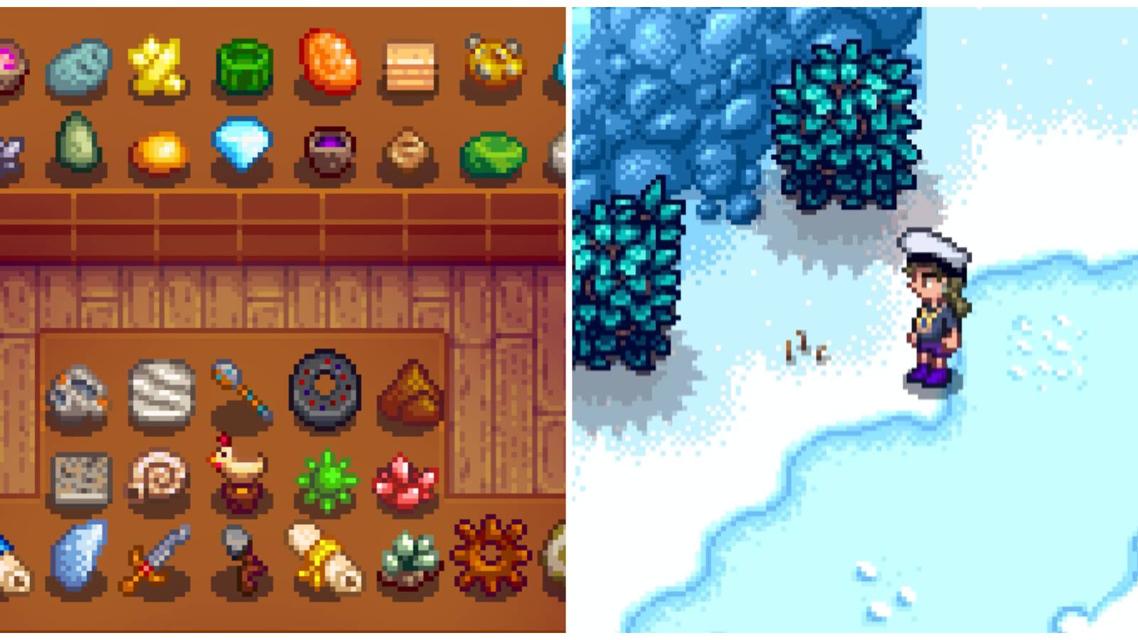 Split image of the museum collection including artifacts and gems and a character in front of an artifact spot in Stardew Valley