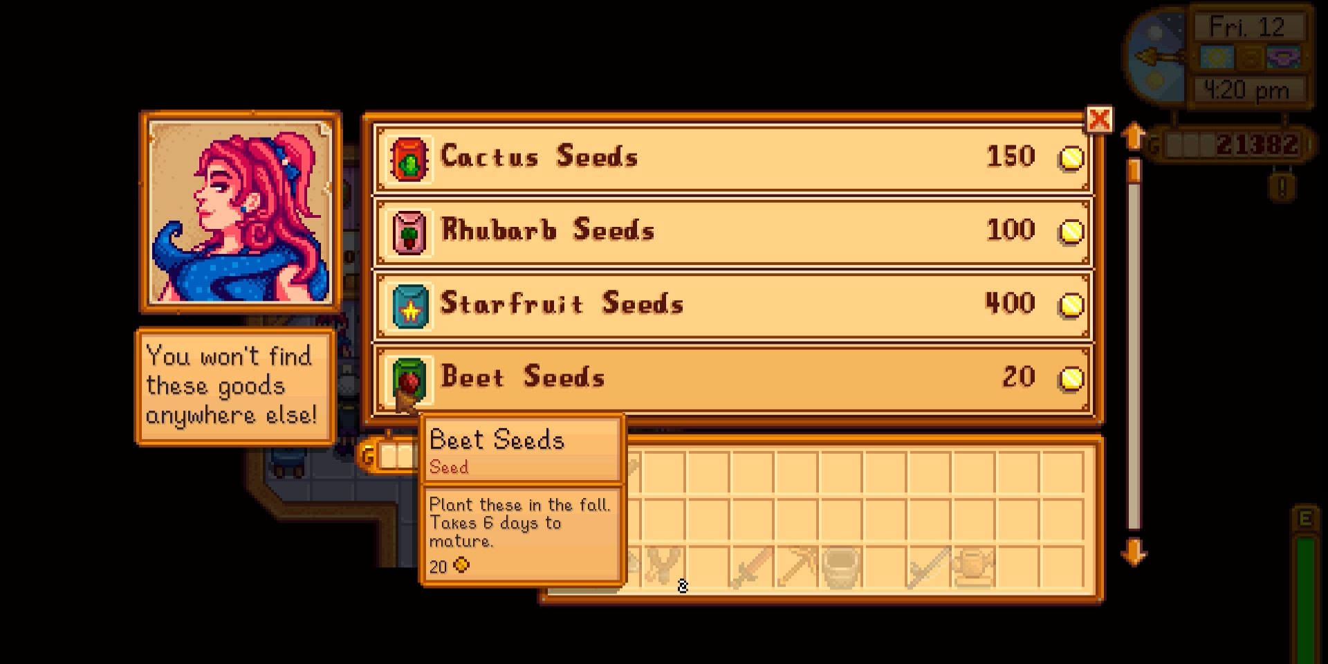 Image of the Oasis store selling Beet Seeds for 20g a piece in Stardew Valley