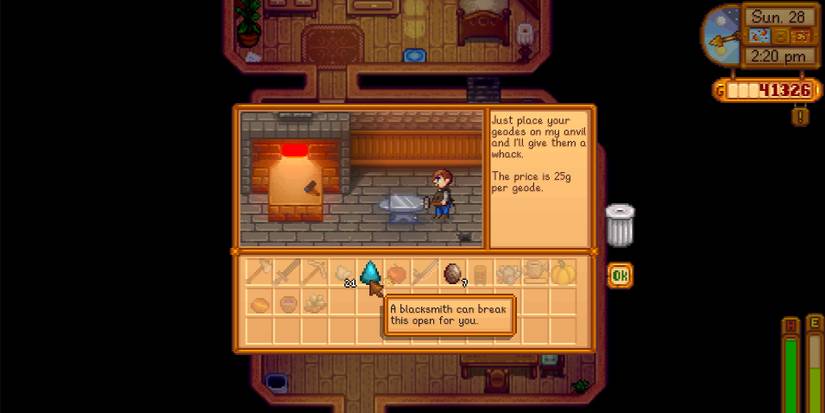 Image of the blacksmith getting ready to open a Frozen Geode in Stardew Valley