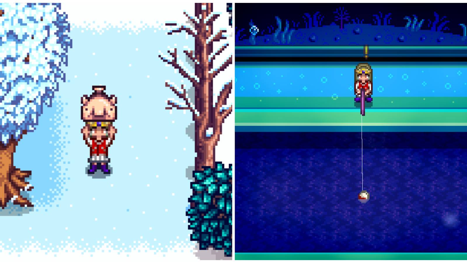 Split image of a character holding a Blobfish and a character fishing in a submarine in Stardew Valley