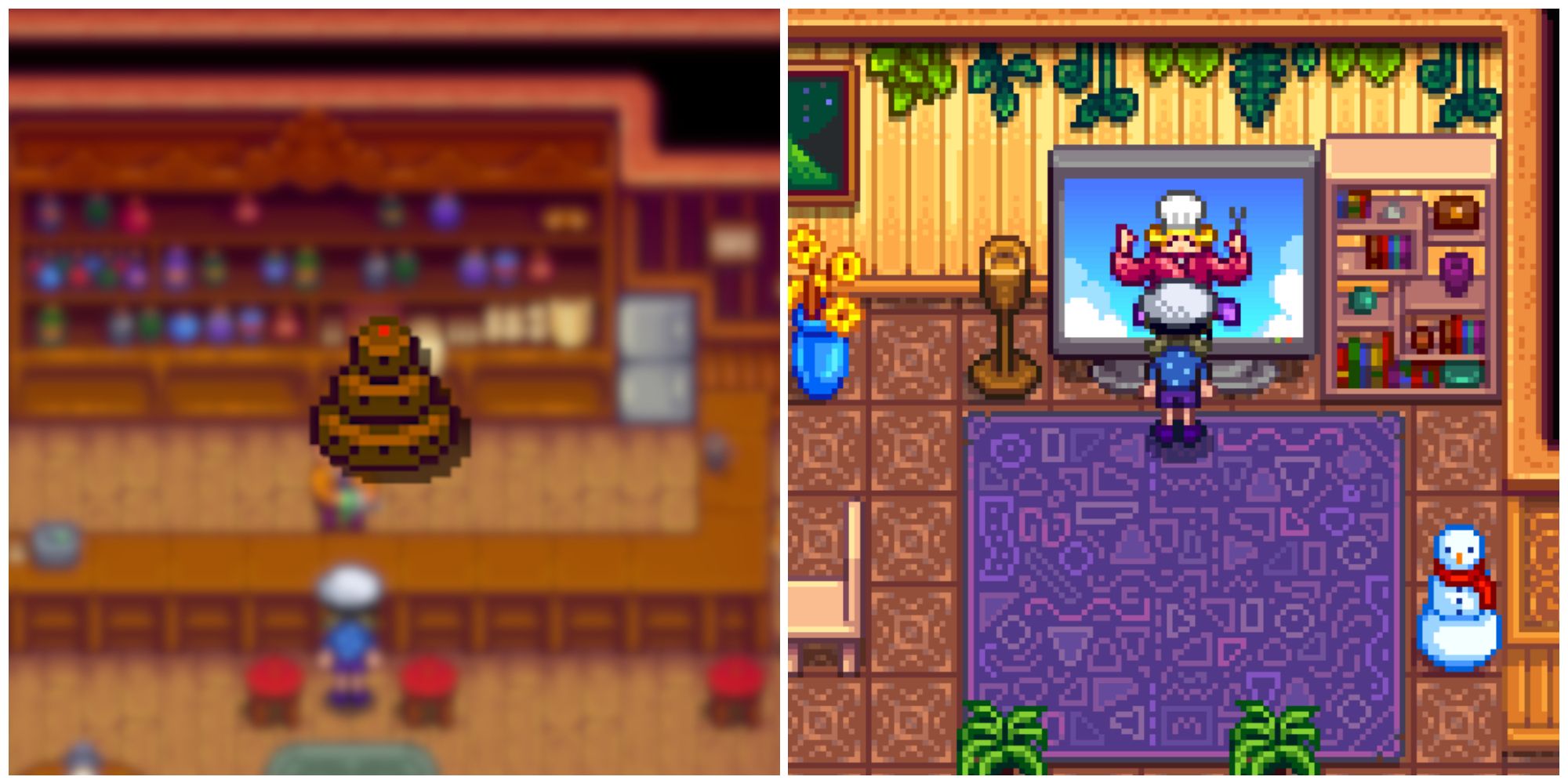 Split image of a chocolate cake and a character watching The Queen of Sauce in Stardew Valley