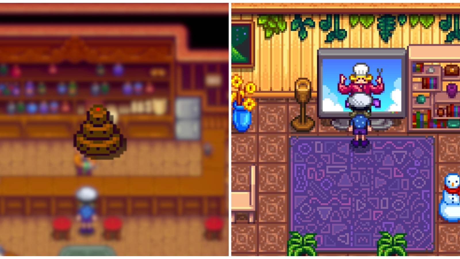 Split image of a chocolate cake and a character watching The Queen of Sauce in Stardew Valley