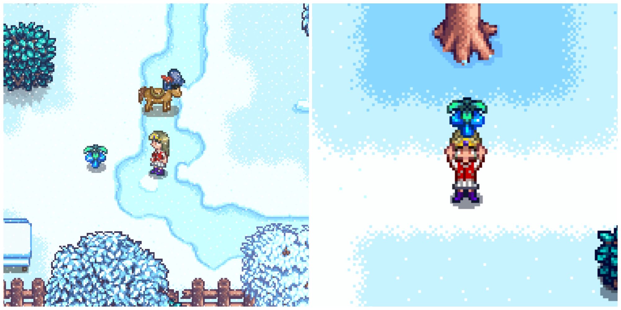 Split image of a character finding a Crystal Fruit while foraging and a character holding a Crystal Fruit in Stardew Valley
