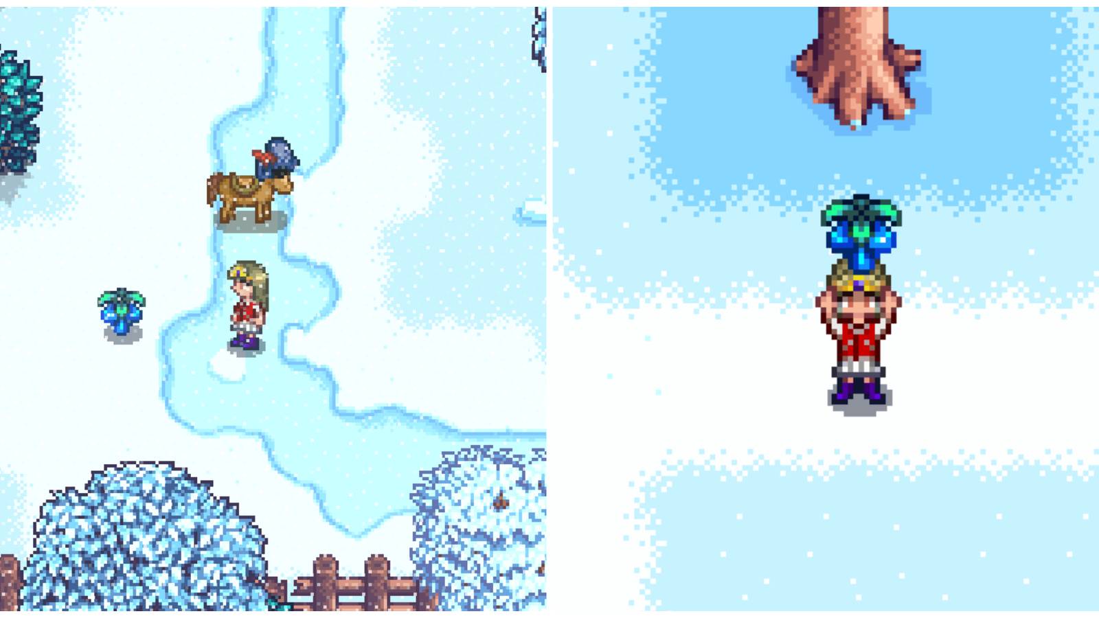 Split image of a character finding a Crystal Fruit while foraging and a character holding a Crystal Fruit in Stardew Valley