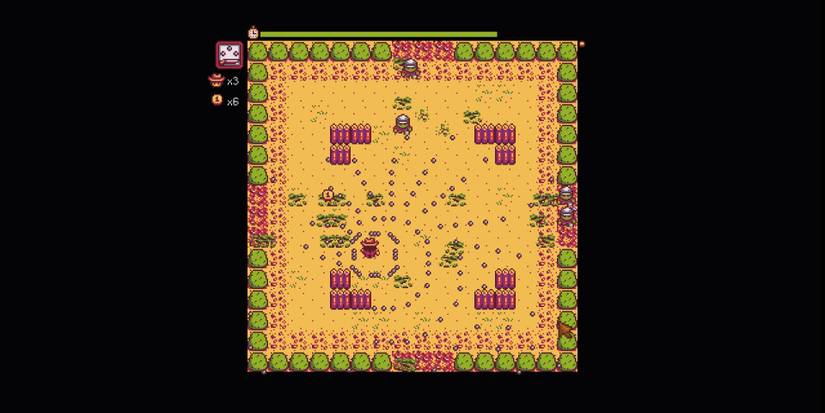 Image of the character using upgrades picked up from enemies in Journey of the Prairie King in Stardew Valley