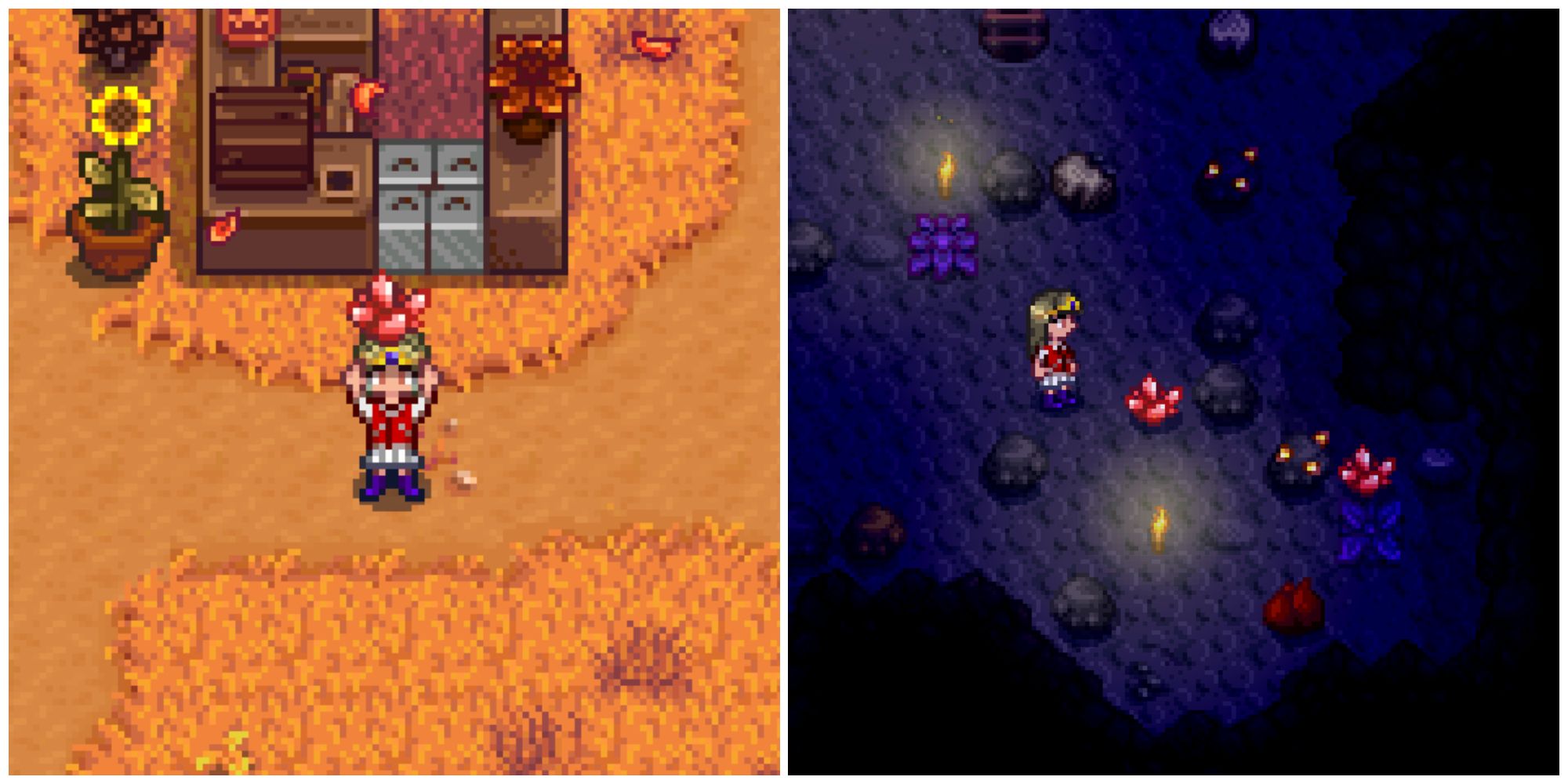 Split image of a character holding a Fire Quartz and mining in the Mines with two Fire Quartz in the area in Stardew Valley