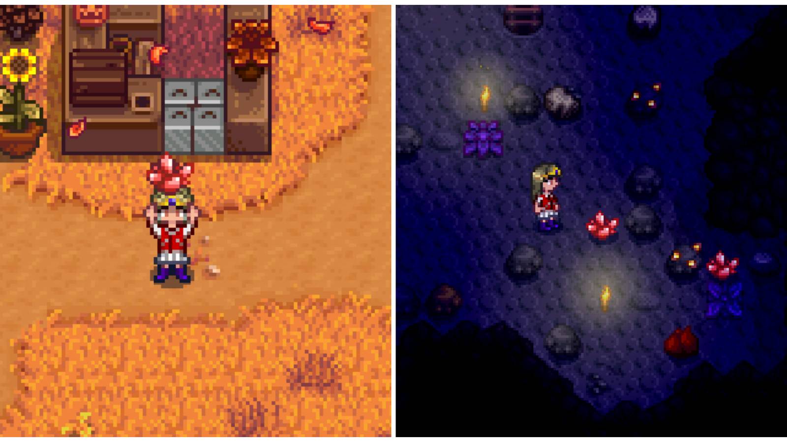 Split image of a character holding a Fire Quartz and mining in the Mines with two Fire Quartz in the area in Stardew Valley