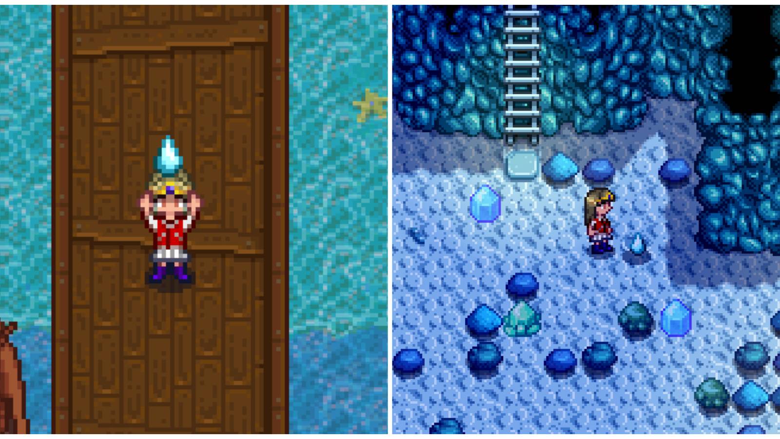 Split image of a character holding a Frozen Tear and a character finding a Frozen Tear in the mines in Stardew Valley