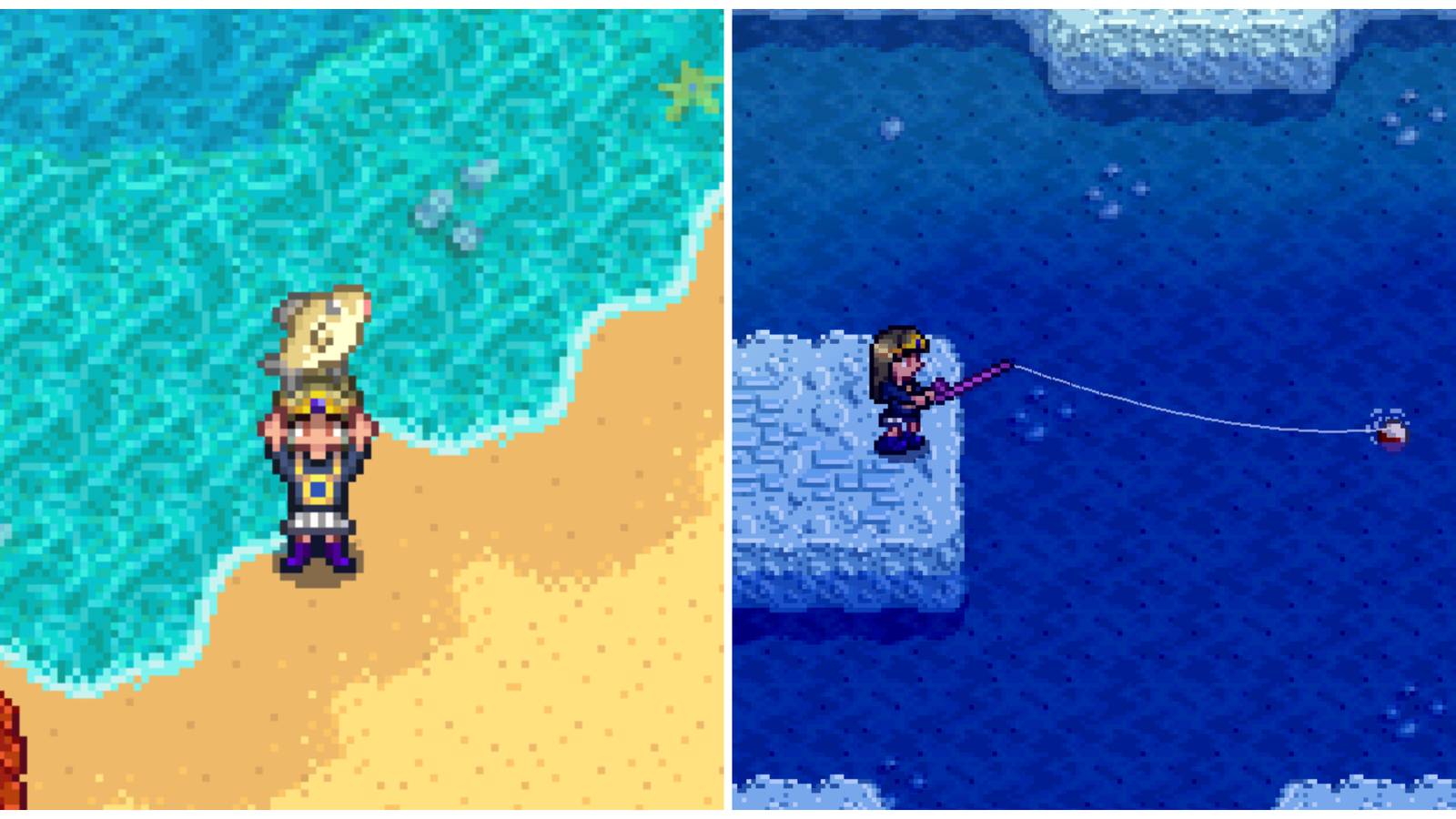 Split image of a character holding a Ghostfish and a character fishing in a lake in the Mines in Stardew Valley