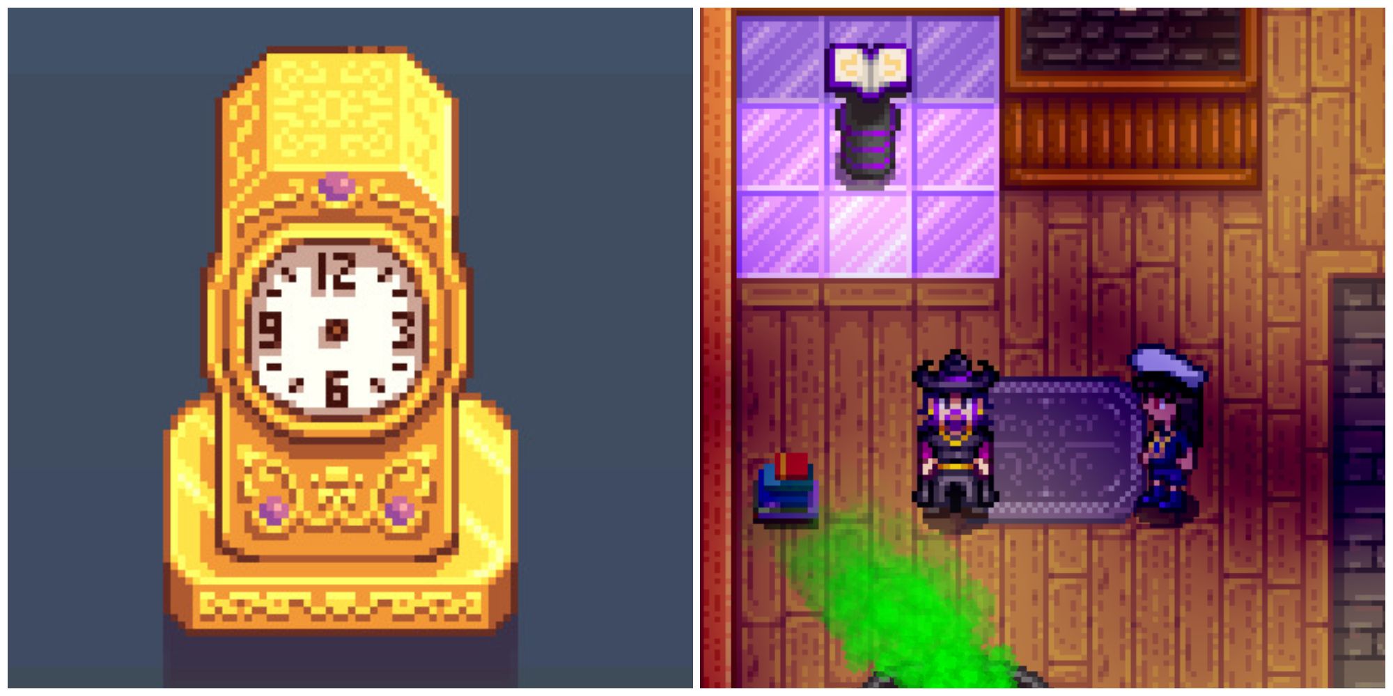 Split image of the Gold Clock building and a character in the Wizard's Tower in Stardew Valley