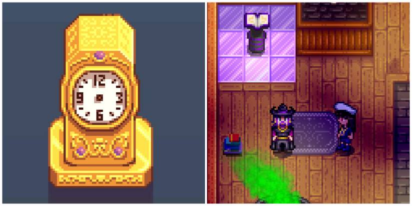 Split image of the Gold Clock building and a character in the Wizard's Tower in Stardew Valley