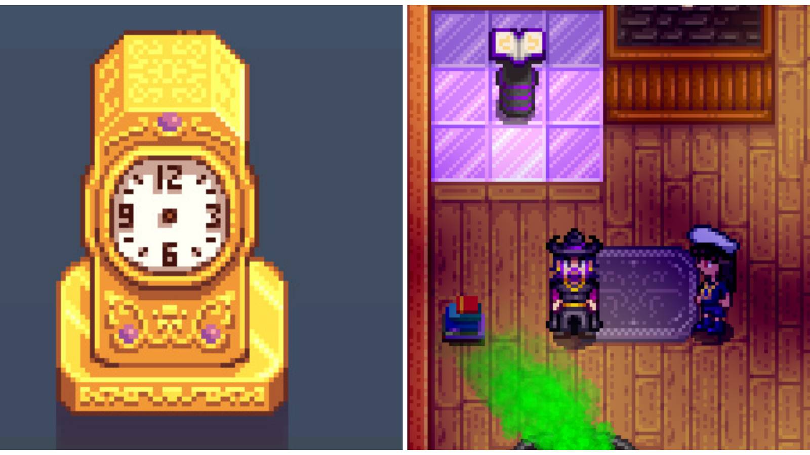 Split image of the Gold Clock building and a character in the Wizard's Tower in Stardew Valley