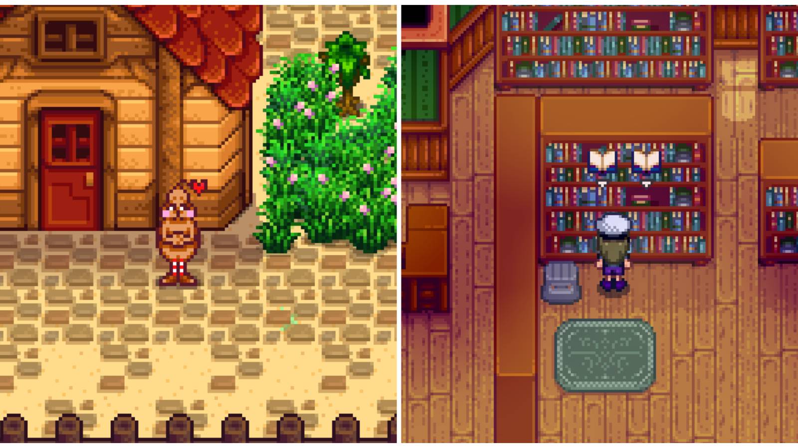 Split image of the ??Pinky Lemon?? Statue and a character visiting the museum in Stardew Valley