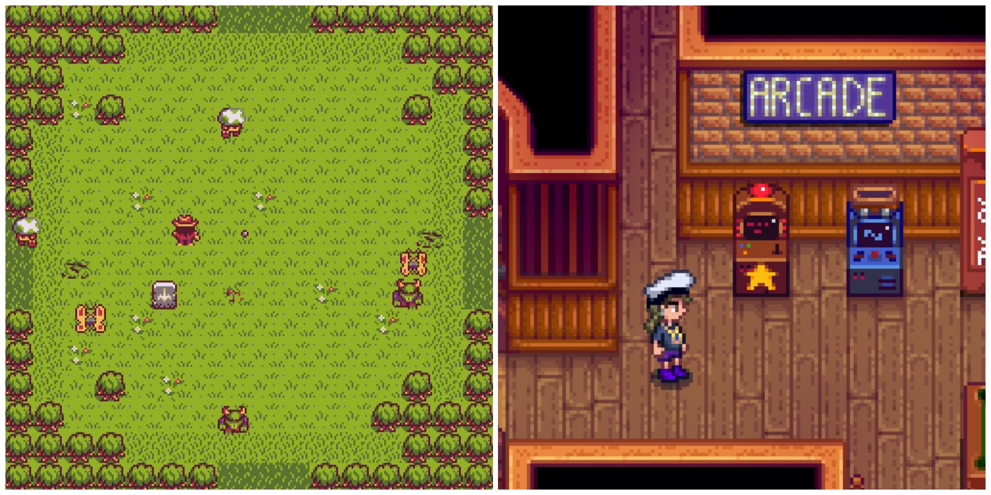 Split image of gameplay from Journey of the Prairie King and the Journey of the Prairie King arcade cabinet in Stardew Valley