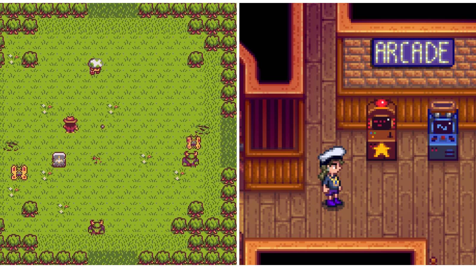 Split image of gameplay from Journey of the Prairie King and the Journey of the Prairie King arcade cabinet in Stardew Valley