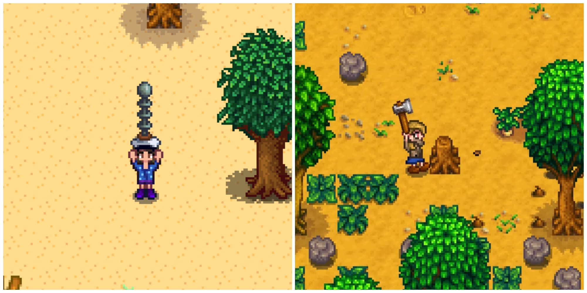 Split image of a character holding a lightning rod and a character chopping down a tree and a stump in Stardew Valley