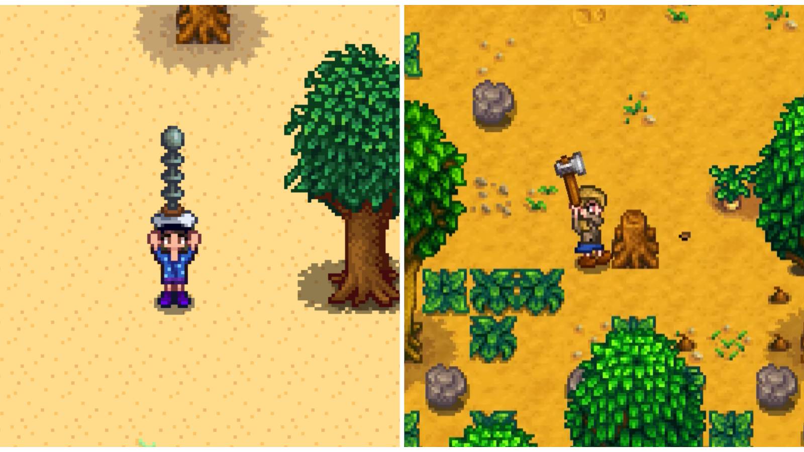 Split image of a character holding a lightning rod and a character chopping down a tree and a stump in Stardew Valley