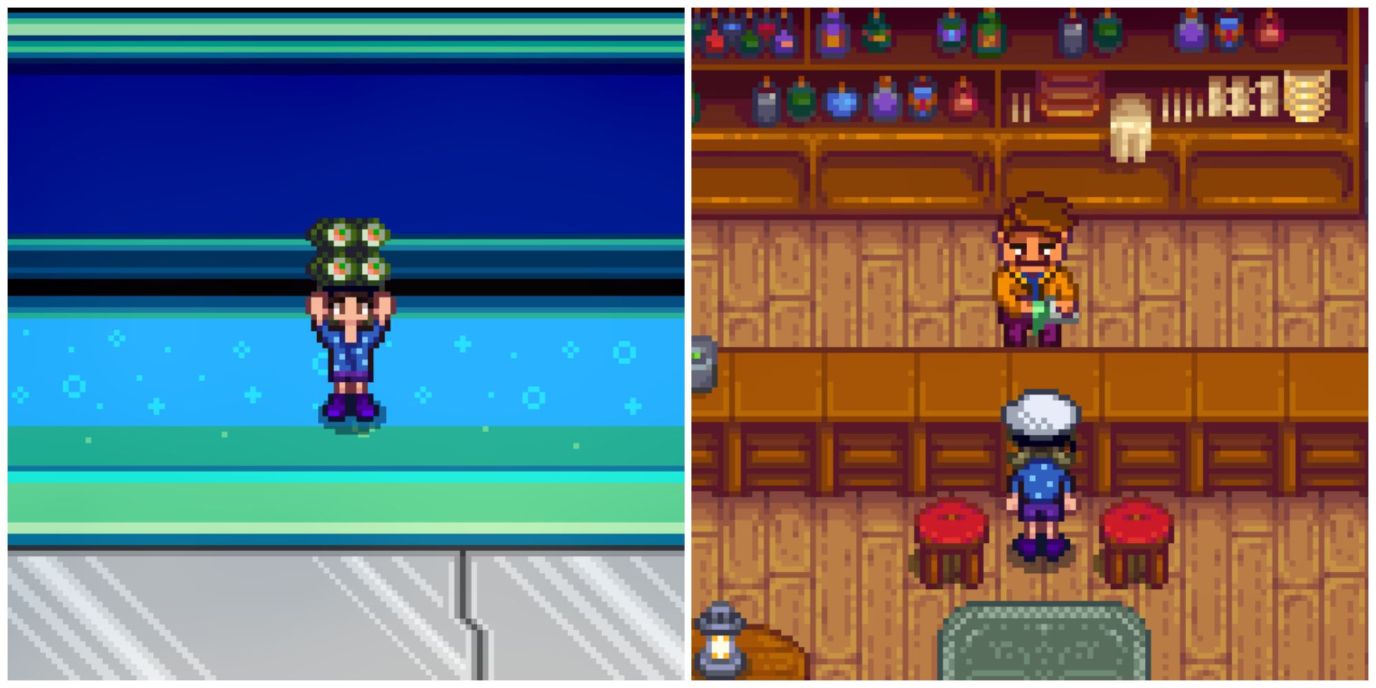 Split image of a character holding a Maki Roll and a character inside the Stardrop Saloon in Stardew Valley