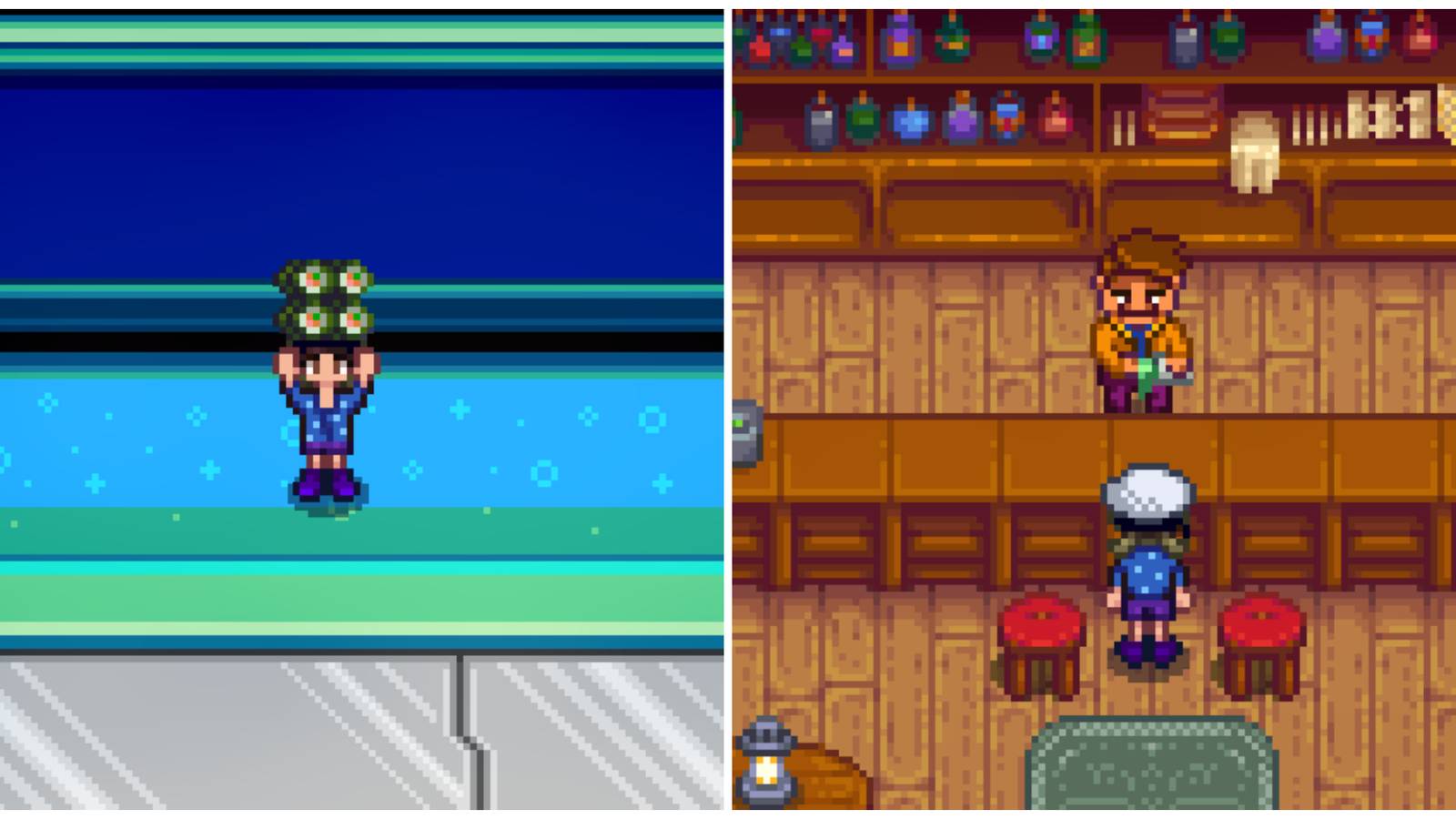Split image of a character holding a Maki Roll and a character inside the Stardrop Saloon in Stardew Valley