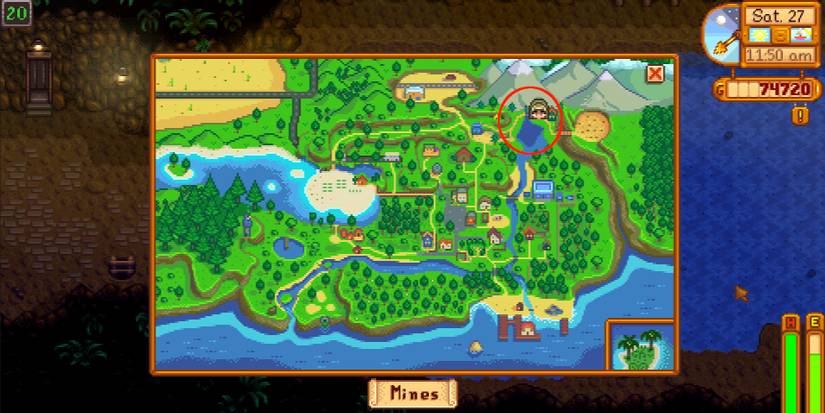Image of the map in Stardew Valley showing the location of the Mines