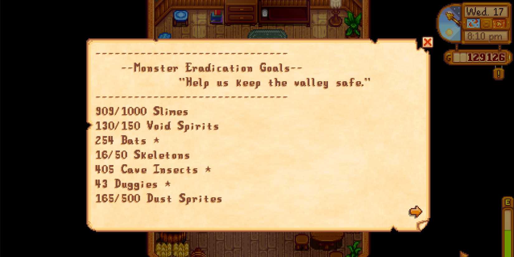Image of some of the available Monster Eradication Goals in Stardew Valley