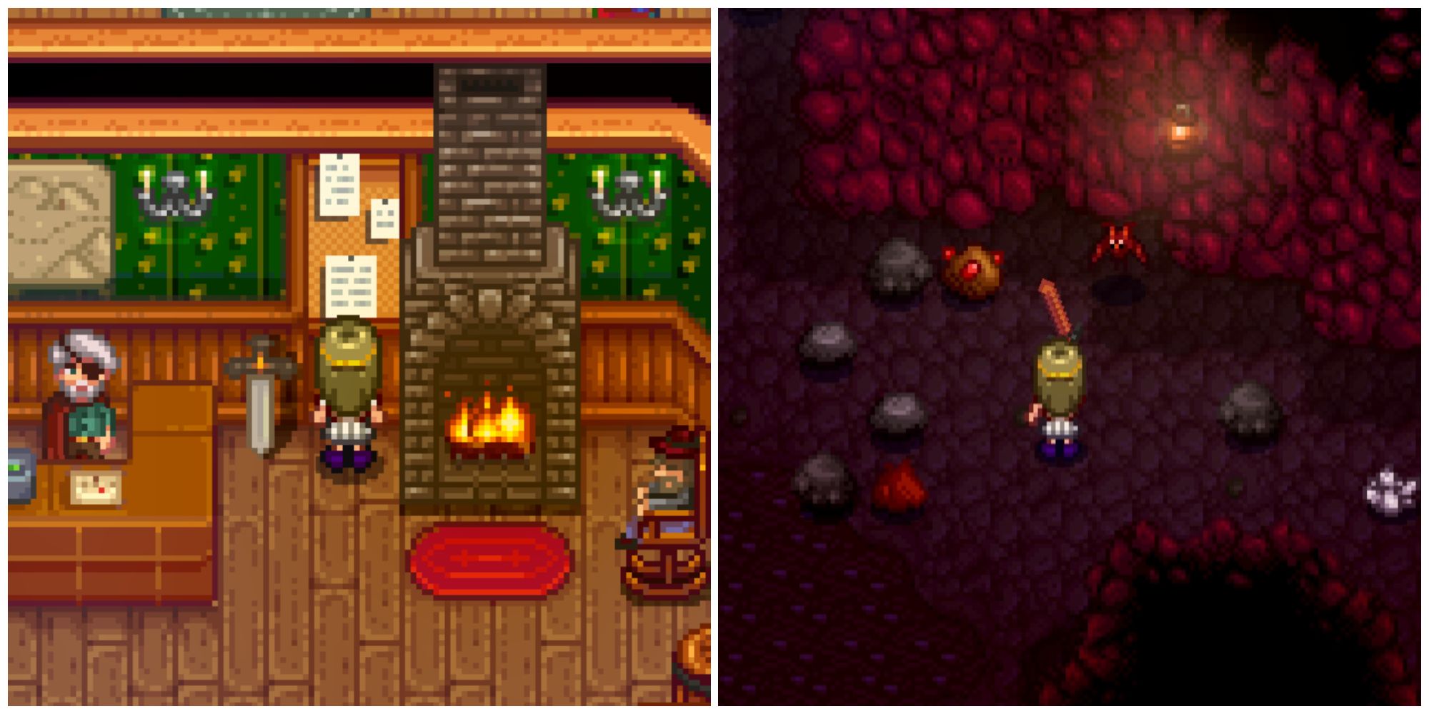 Split image of a character looking at the Monster Eradication Goals bulletin board and a character attacking a bat in Stardew Valley