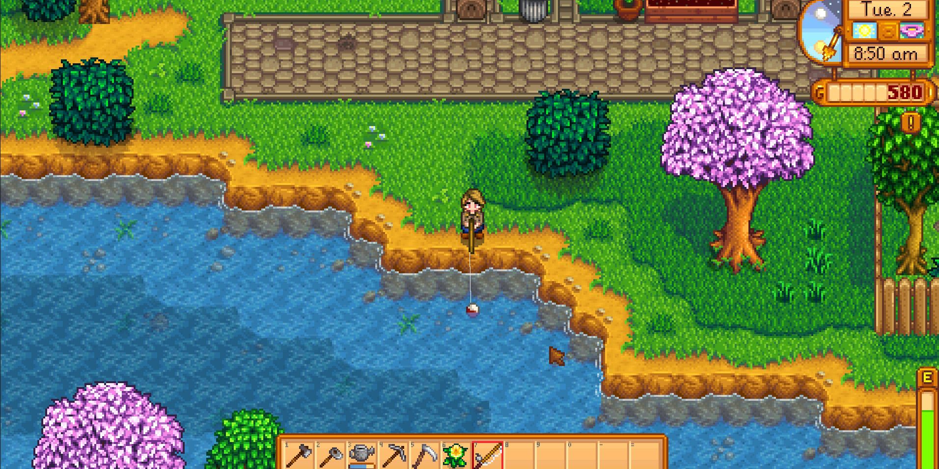 Image of a character fishing in the Pelican Town River in Stardew Valley