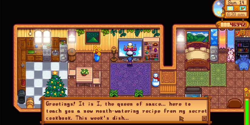 Image of a character watching The Queen of Sauce on TV in Stardew Valley